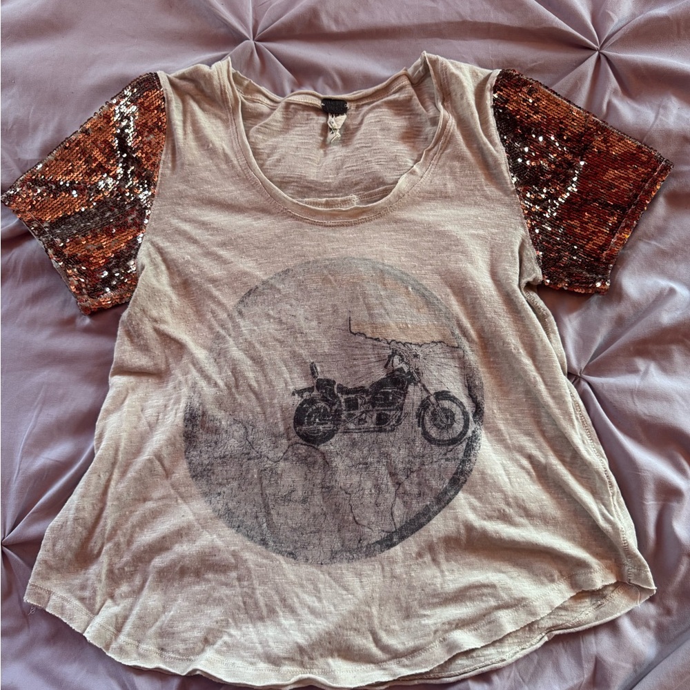 Free People Beige Motorcycle Tee with Sequin Sleeves